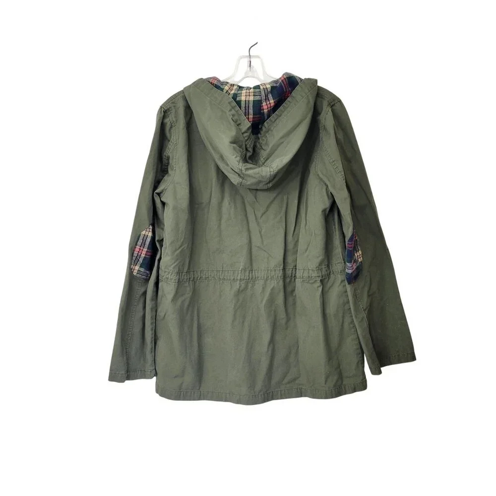 Blu Pepper Women's Green Jacket With Plaid Lined Hood Long Sleeve Snap & Zipper - Picture 2 of 3
